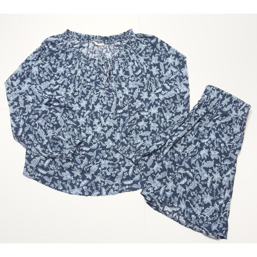 FAHERTY Two-Piece Set Emory Peasant Blouse + Skirt S Blue Floral Viscose Flowy